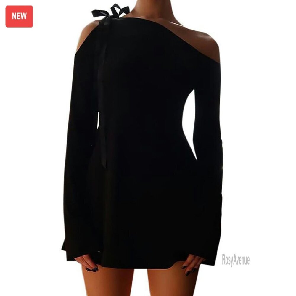 Long Sleeve Asymmetrical Off Shoulder Mini Dress with Tie